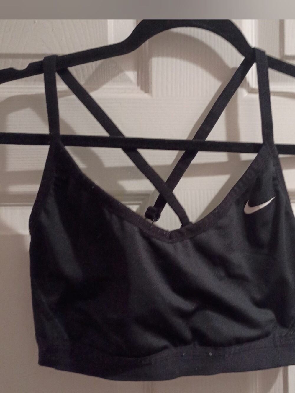 Nike Black Strappy Cross-Back Sports Bra with White Swoosh